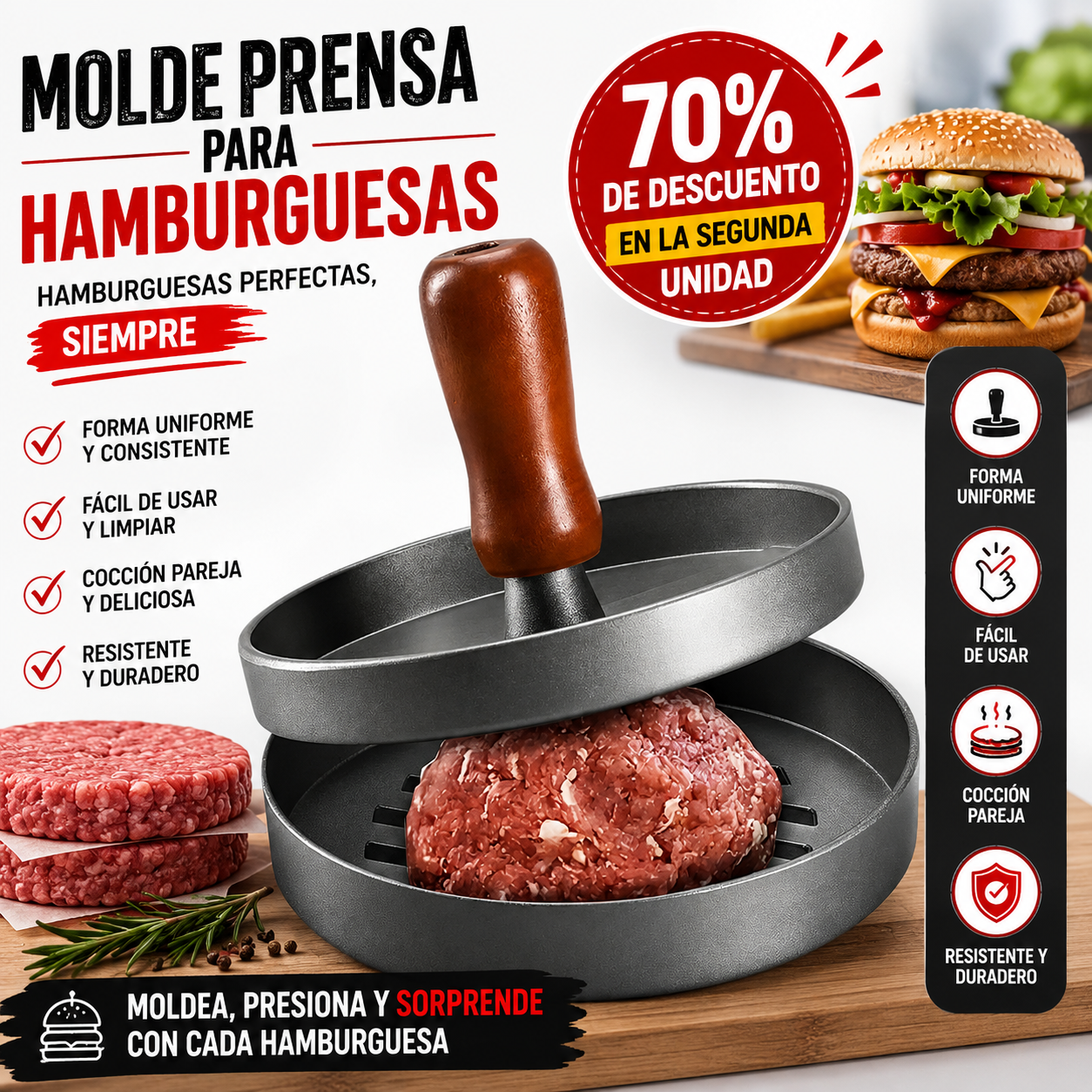 Molde prensa para hamburguesa